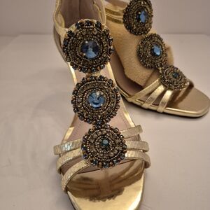 Vince Camuto Fabulous Gold and Blue Embellished Wedges